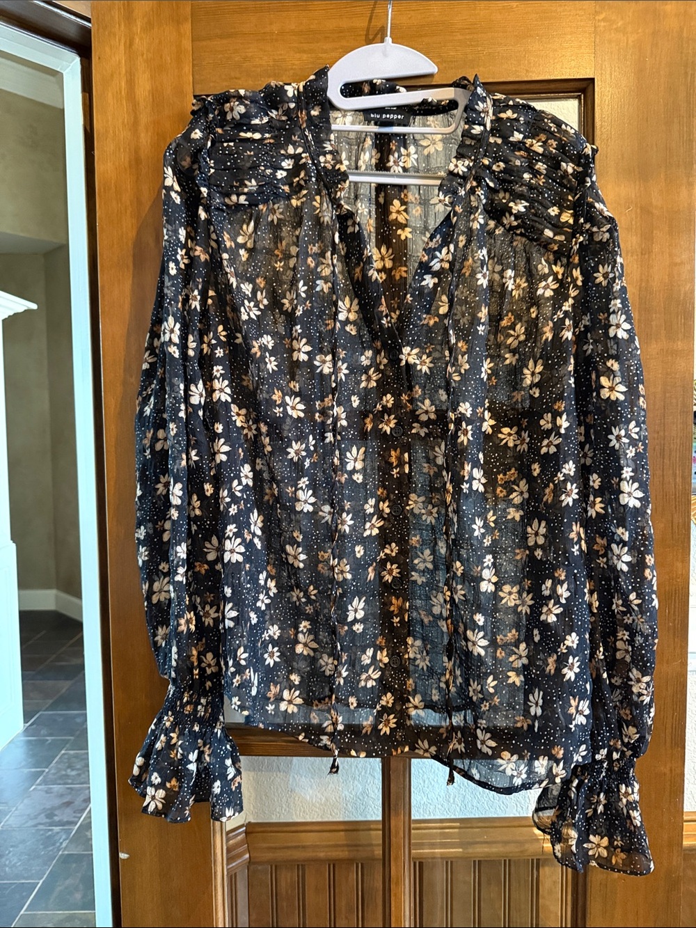 Blu Pepper Black Floral Sheer Peasant Top